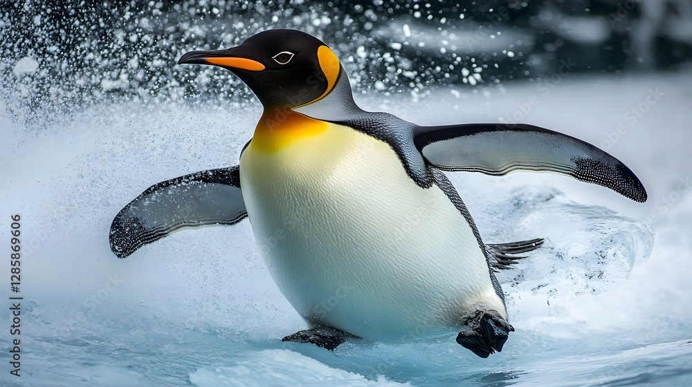 Fototapeta premium A penguin sliding on ice in Antarctica