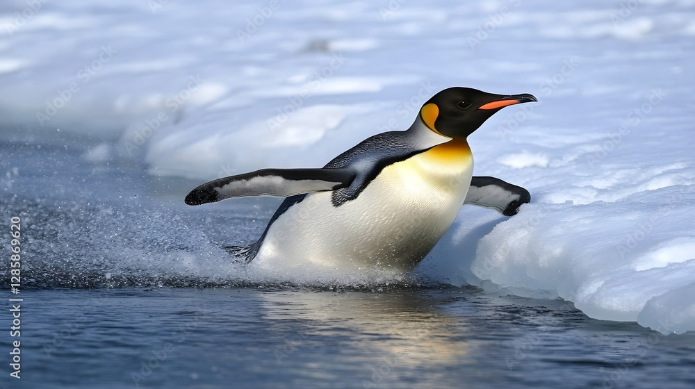 Obraz premium A penguin sliding on ice in Antarctica