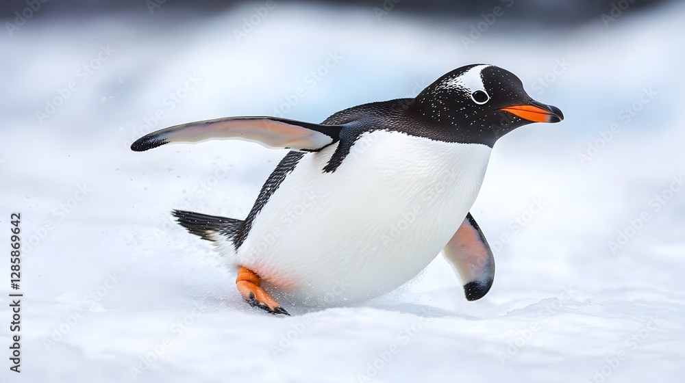 Fototapeta premium A penguin sliding on ice in Antarctica