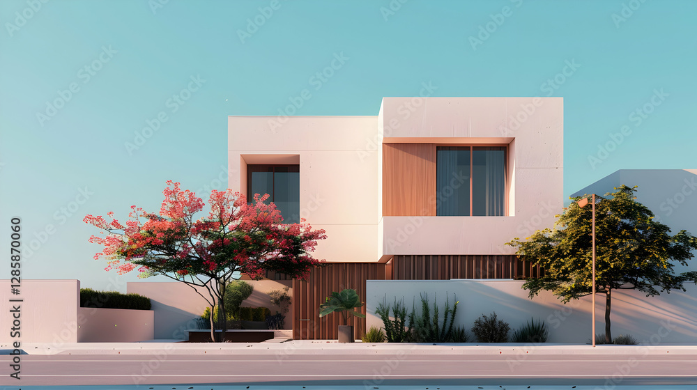 Modern architectural design featuring a minimalist house with vibrant landscaping and clear skies