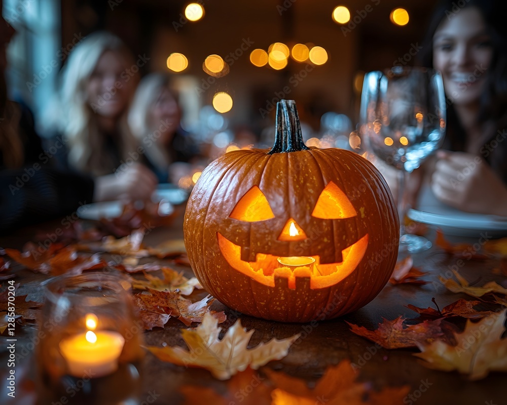 Warm Family Gathering with Glowing Pumpkin Centerpiece and Maple Leaves for Cozy Canadian Thanksgiving Dinner Warm Family Gathering with Glowing Pumpkin Centerpiece and Maple Leaves for Cozy Canadian Thanksgiving Dinner