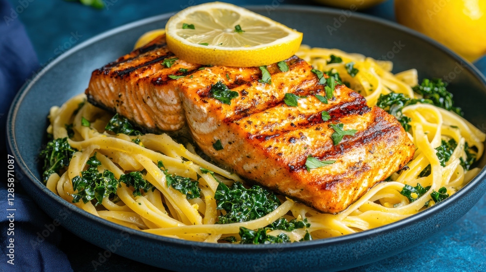 Menu of kale, Grilled salmon with lemon served over creamy pasta and greens in a stylish bowl. Menu of kale, Grilled salmon with lemon served over creamy pasta and greens in a stylish bowl.