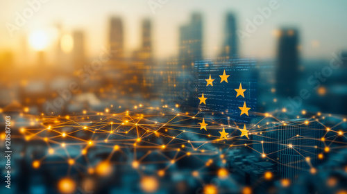 European digital transformation: silhouetted skyscrapers, EU stars, and glowing network nodes symbolize innovation, connectivity, and economic growth.