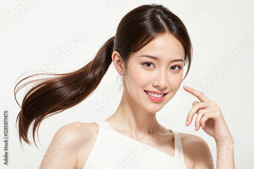A woman with long brown hair and a ponytail is smiling and posing for a picture