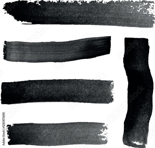 A collection of vector paint brush strokes with bold, hand-drawn grunge lines and rectangular shapes. Includes sketchy horizontal strokes, black ink banners, and marker-style underlines for artistic h