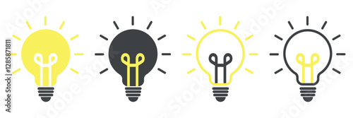 A set of light bulb vector icons in a modern, flat style. The collection includes idea lamp icons, symbolizing creativity and innovation. Black lamp icons with rays, representing science, inspiration,