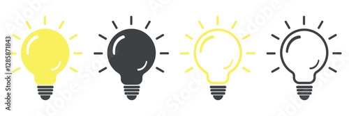 A set of light bulb vector icons in a modern, flat style. The collection includes idea lamp icons, symbolizing creativity and innovation. Black lamp icons with rays, representing science, inspiration,