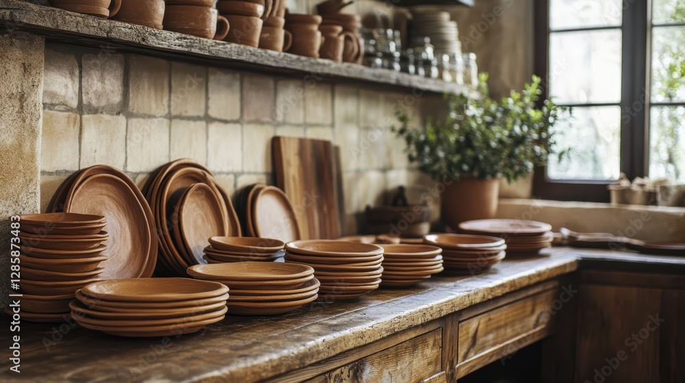 Rustic Kitchen Display of Clay Plates on Wooden Table Surrounded by Natural Elements and Light Rustic Kitchen Display of Clay Plates on Wooden Table Surrounded by Natural Elements and Light