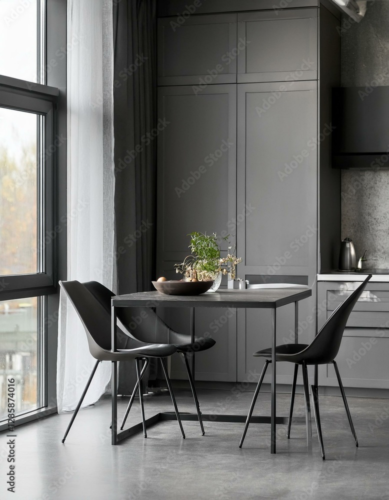 Fototapeta premium Grey kitchen interior with table and chairs near window on concrete floor