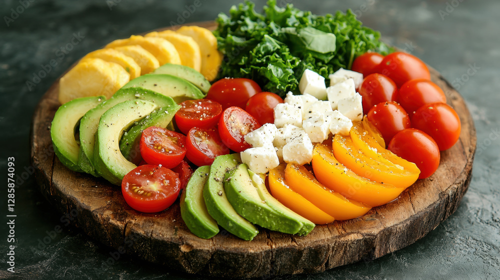 Menu of kale, Colorful fruit and vegetable platter with avocado, tomatoes, cheese, and greens on a wooden board. Menu of kale, Colorful fruit and vegetable platter with avocado, tomatoes, cheese, and greens on a wooden board.