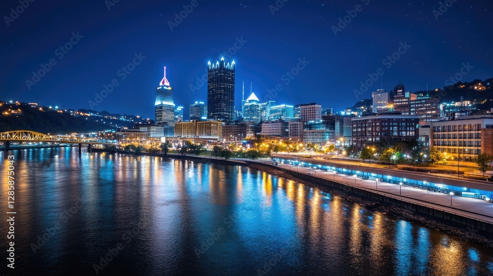 Fototapeta premium Nighttime cityscape photography of pittsburgh pennsylvania urban landscape illuminated waterfront aesthetic perspective
