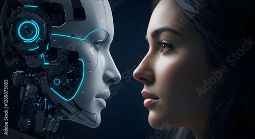 A futuristic scene depicting a humanoid robot with glowing blue features, facing a human woman