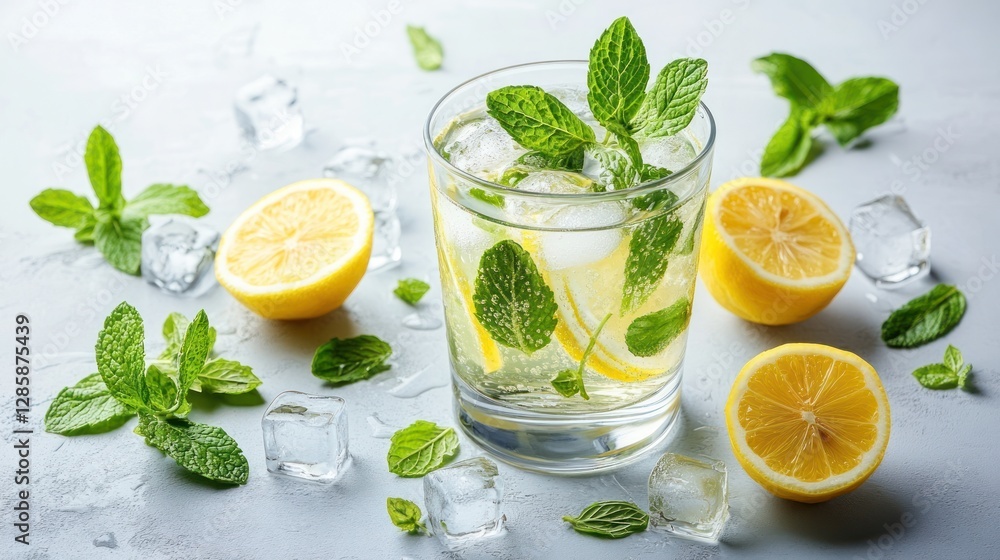 Fototapeta premium Refreshing Lemon Mint Iced Drink on Light Gray Surface