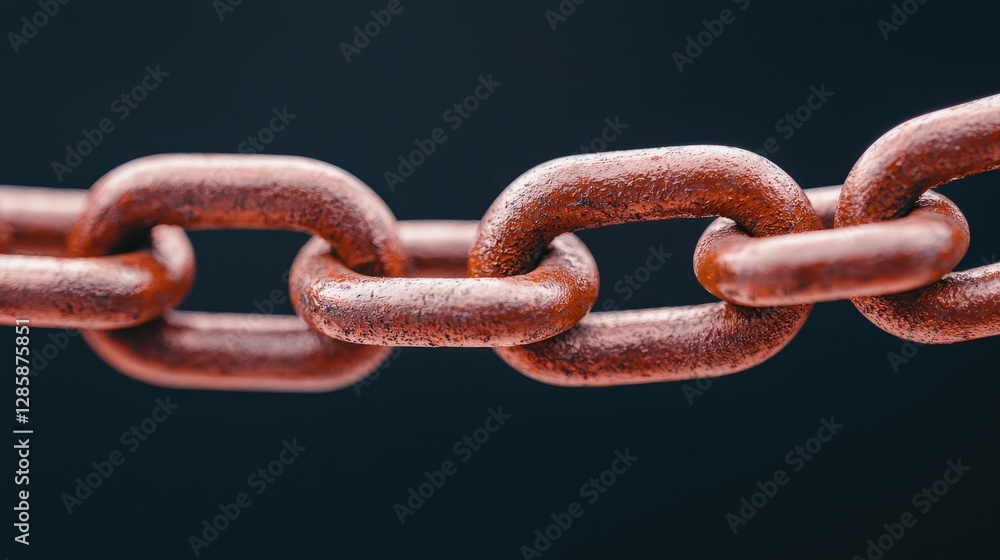 Fototapeta premium A close-up view of a rusty metal chain, highlighting its links against a dark background, emphasizing texture and detail.