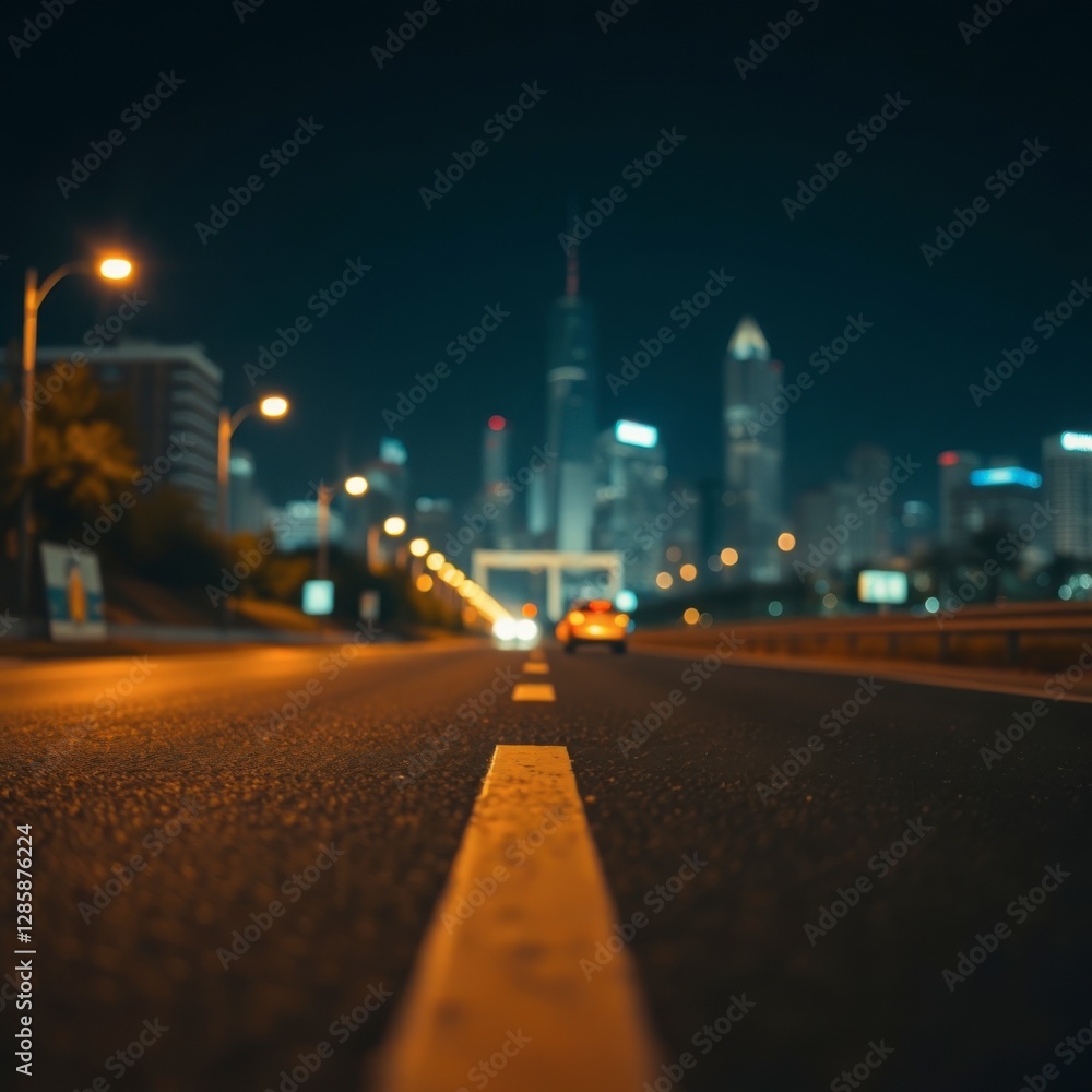 Naklejka premium Road Leading to City Skyline at Night with Car Driving Ahead