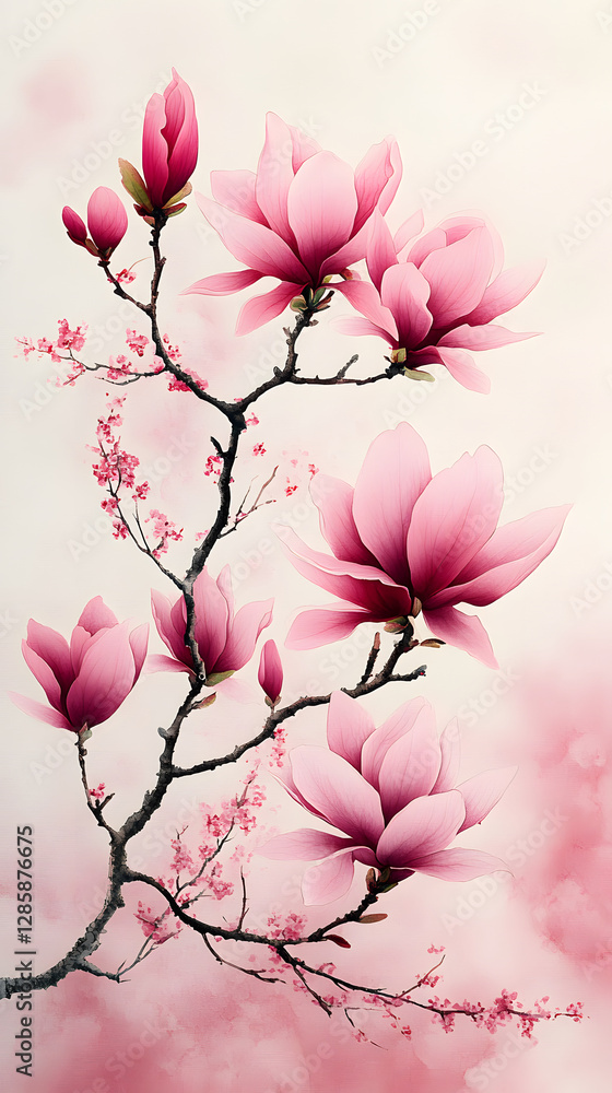 Obraz premium Pink Magnolia Flowers Blossom Oriental Style 
