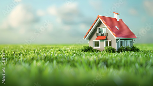 Wallpaper Mural A charming house with a red roof surrounded by lush green grass under a clear blue sky Torontodigital.ca