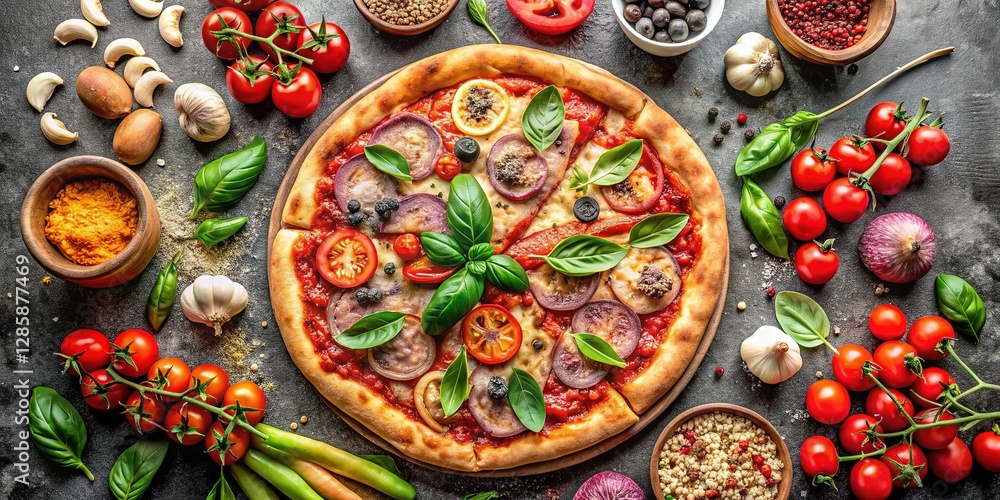 Fototapeta premium A delectable top-down view of Italian pizza ingredients on black concrete.