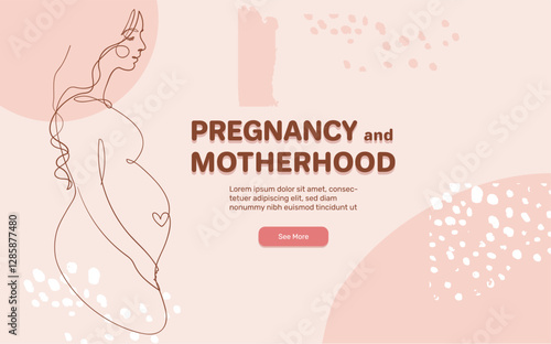 Modern minimalistic Pregnancy and motherhood banner. Cute pregnant woman smiling side view, line drawing, vector collage. Landing page with text.