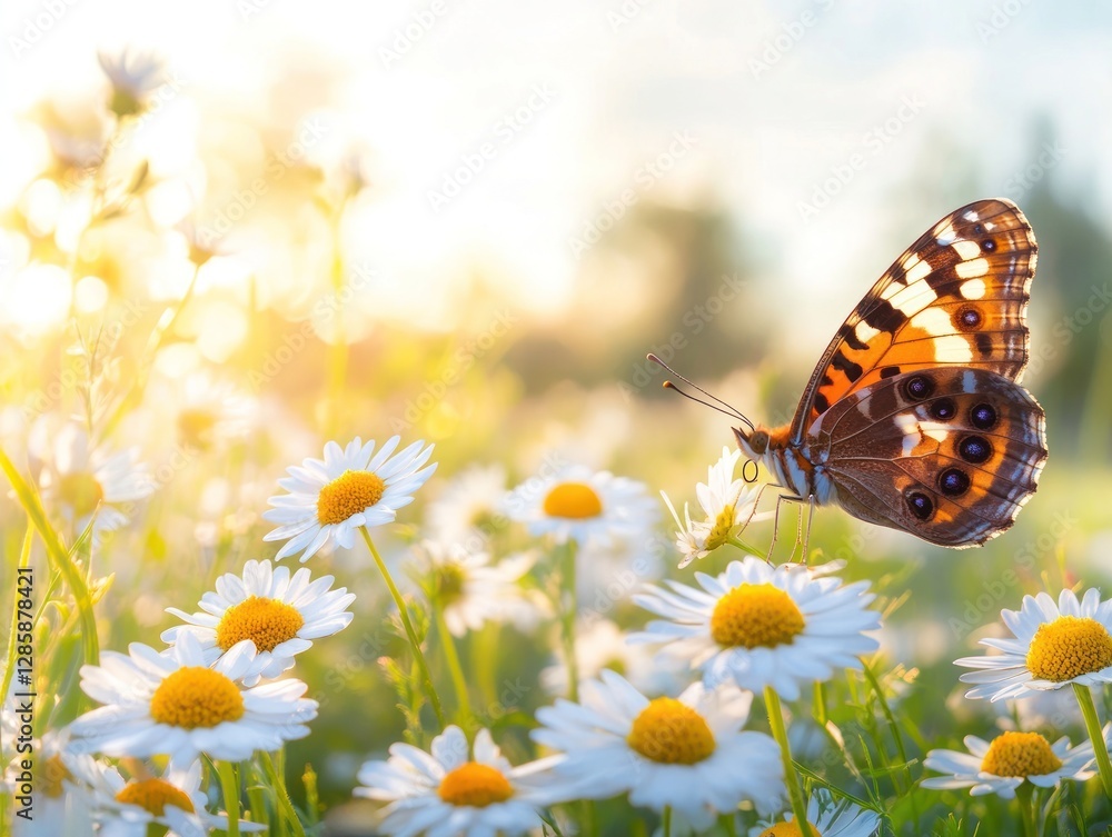 Butterfly on daisies in a sunlit meadow. Butterfly on daisies in a sunlit meadow.