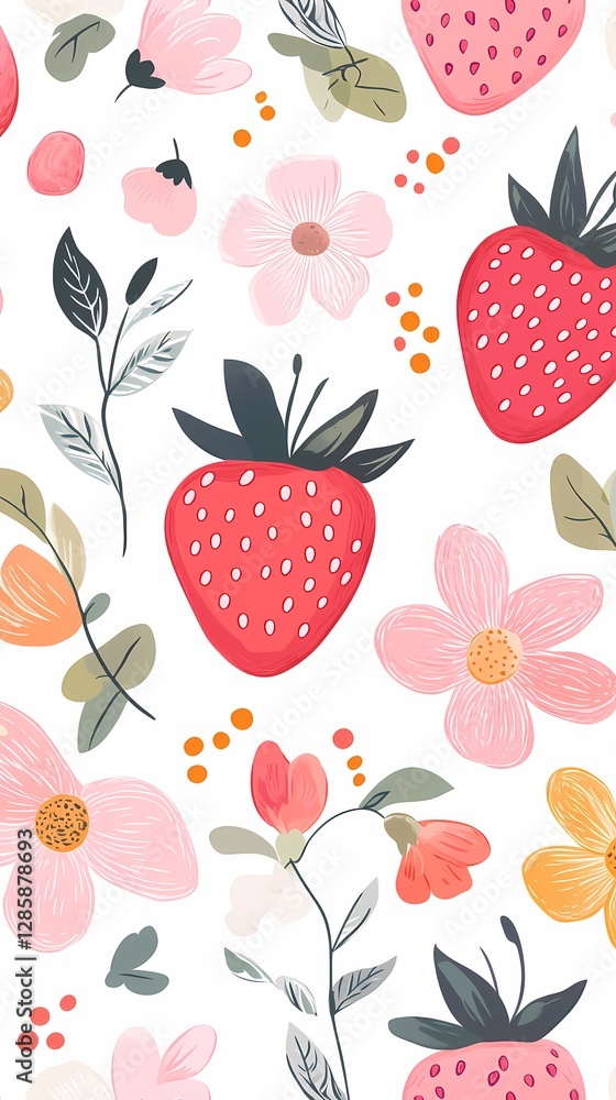 Fototapeta premium cute pink and white strawberry flowers illustration poster background
