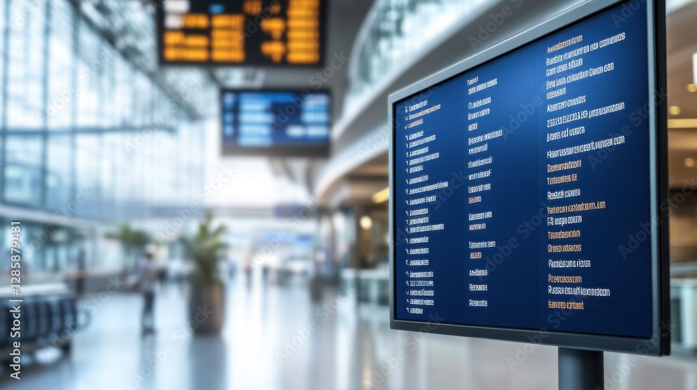 Fototapeta premium Modern Airport Interior with Flight Information Display and Large Windows Showcasing Bright Natural Light