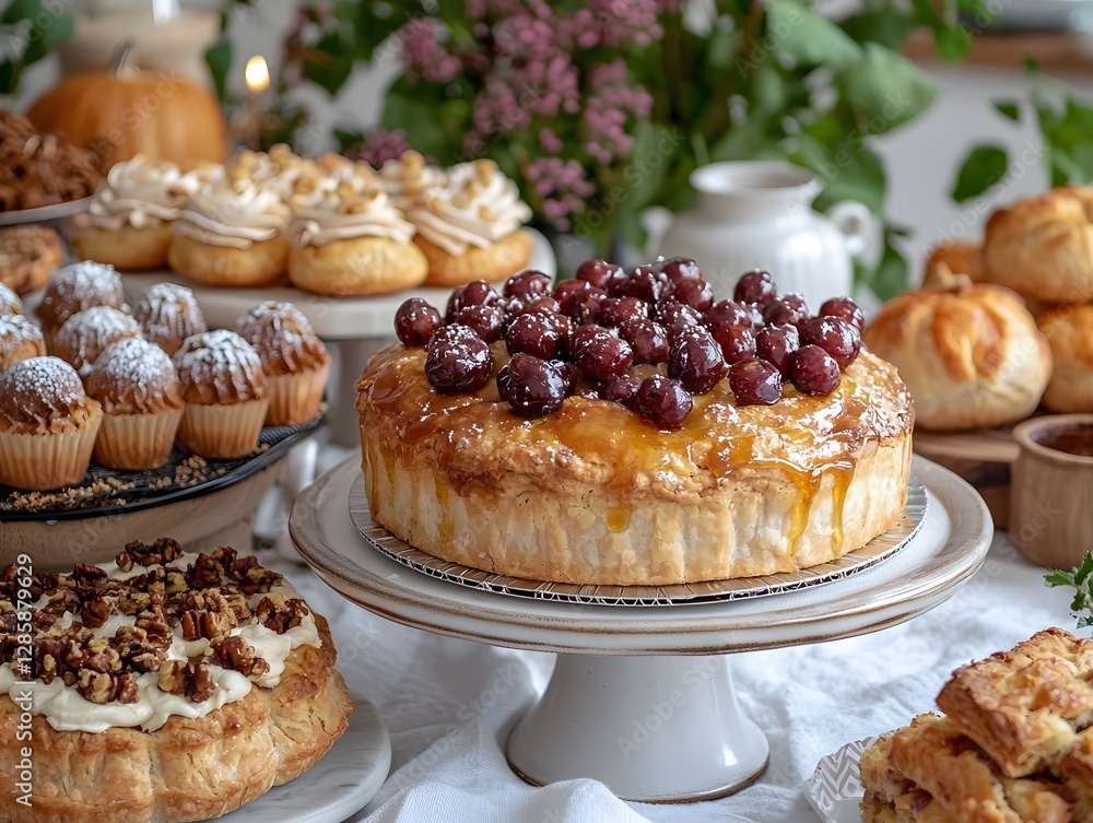 Inviting Dessert Table Filled with Mouthwatering Pastries and Pies for a Cheerful Thanksgiving Potluck Gathering Inviting Dessert Table Filled with Mouthwatering Pastries and Pies for a Cheerful Thanksgiving Potluck Gathering
