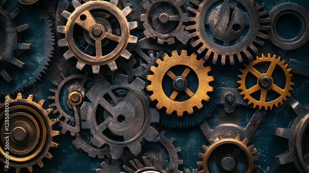 Gear and cogs wheels, clock mechanism, brass metal engine industrial Gear and cogs wheels, clock mechanism, brass metal engine industrial