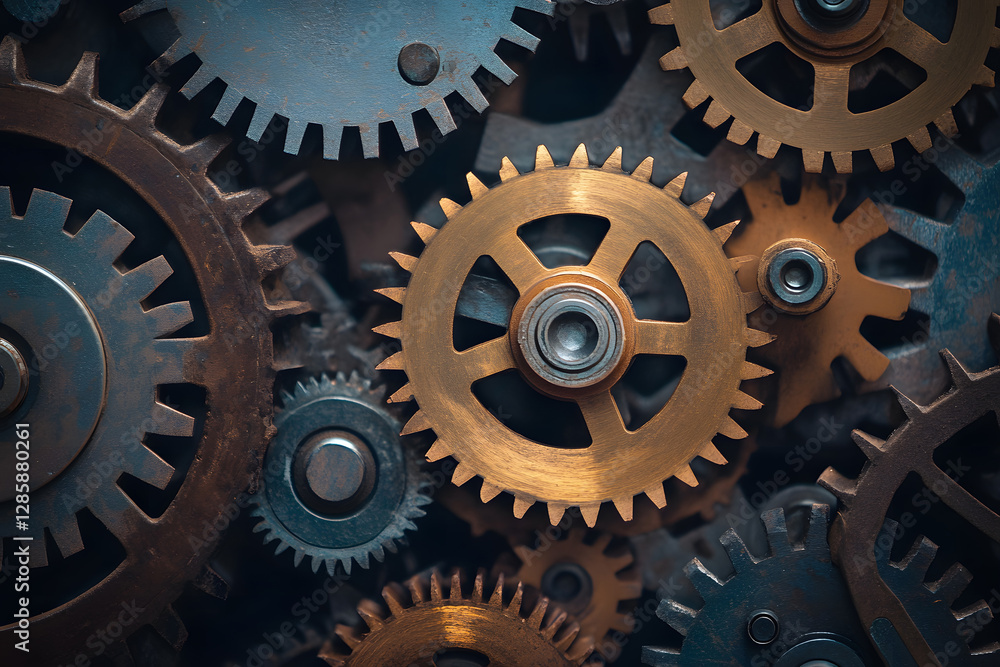 Gear and cogs wheels, clock mechanism, brass metal engine industrial Gear and cogs wheels, clock mechanism, brass metal engine industrial