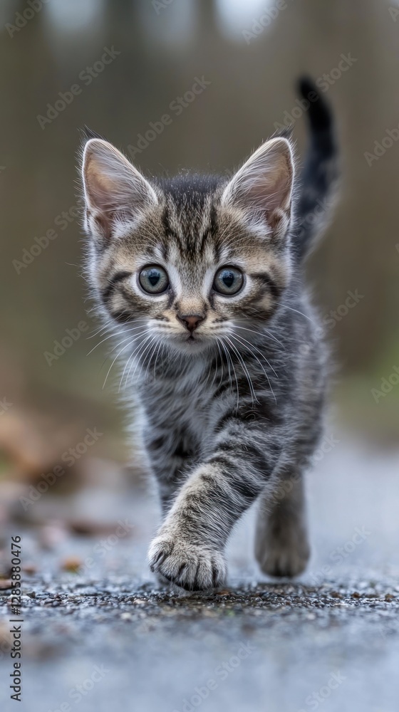 Adorable grey tabby kitten walking towards camera, outdoors. Adorable grey tabby kitten walking towards camera, outdoors.