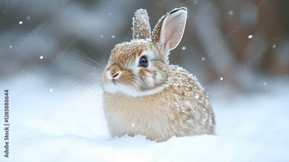 Cute Rabbit Sitting in Snowfall Winter Scene Animal Portrait Cute Rabbit Sitting in Snowfall Winter Scene Animal Portrait
