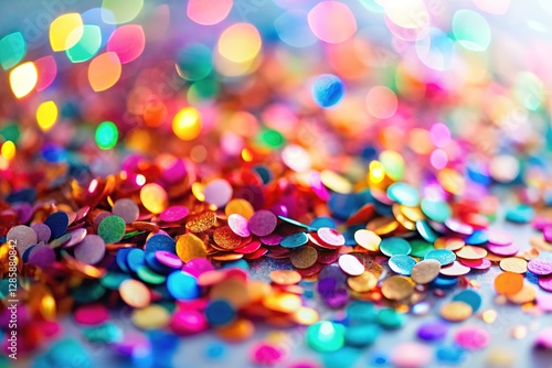 Bokeh-filled, double-exposed confetti on white. Abstract AI art.