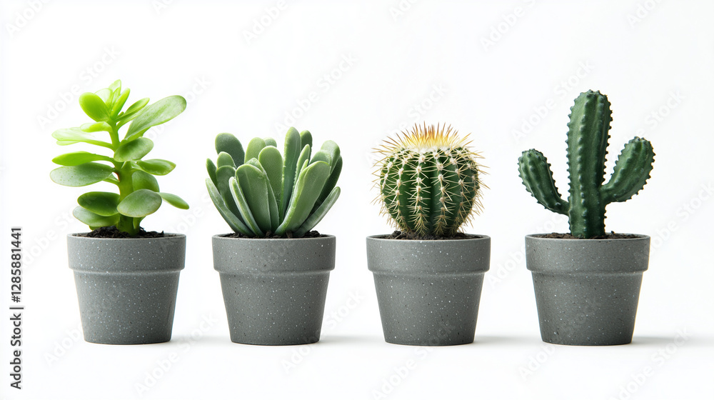 Various Succulent and Cactus Plants in Ceramic Pots on White Background Various Succulent and Cactus Plants in Ceramic Pots on White Background