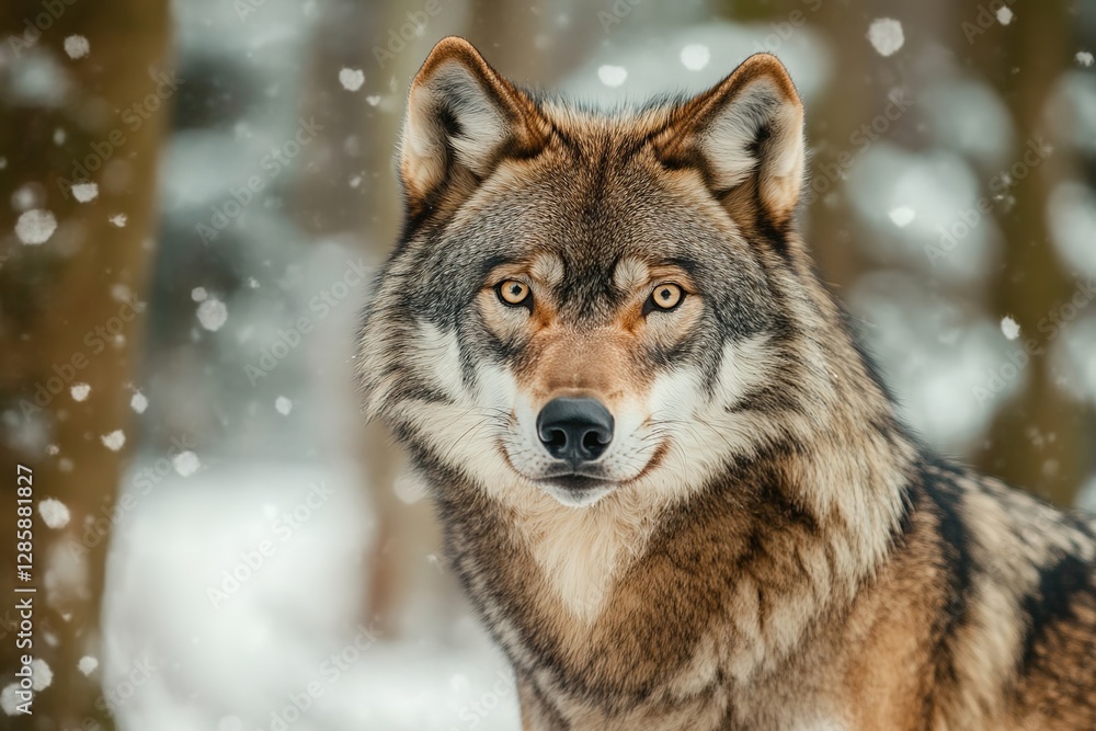 Eye to Eye: A Majestic Wolf's Intense Gaze in the Wintry Wilderness Eye to Eye: A Majestic Wolf's Intense Gaze in the Wintry Wilderness