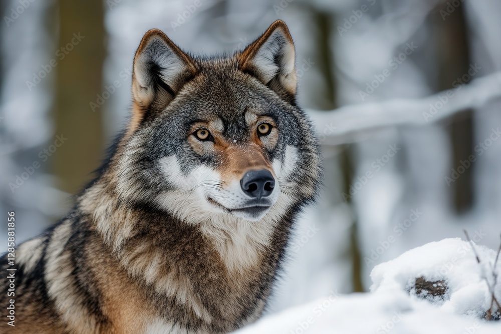 Eye to Eye: A Majestic Wolf's Intense Gaze in the Wintry Wilderness Eye to Eye: A Majestic Wolf's Intense Gaze in the Wintry Wilderness