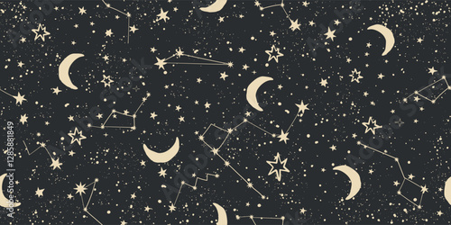 Seamless sky pattern with stars and moon on black background, astrology background for zodiac signs, tarot vector art, boho packaging. Magic space background.