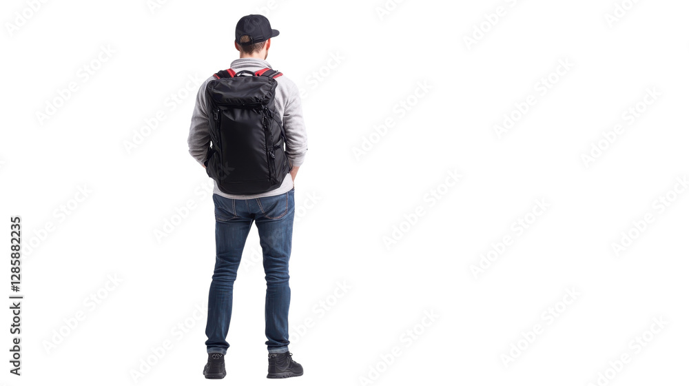 Young man with a backpack standing and looking away in a bright, minimalistic environment Young man with a backpack standing and looking away in a bright, minimalistic environment