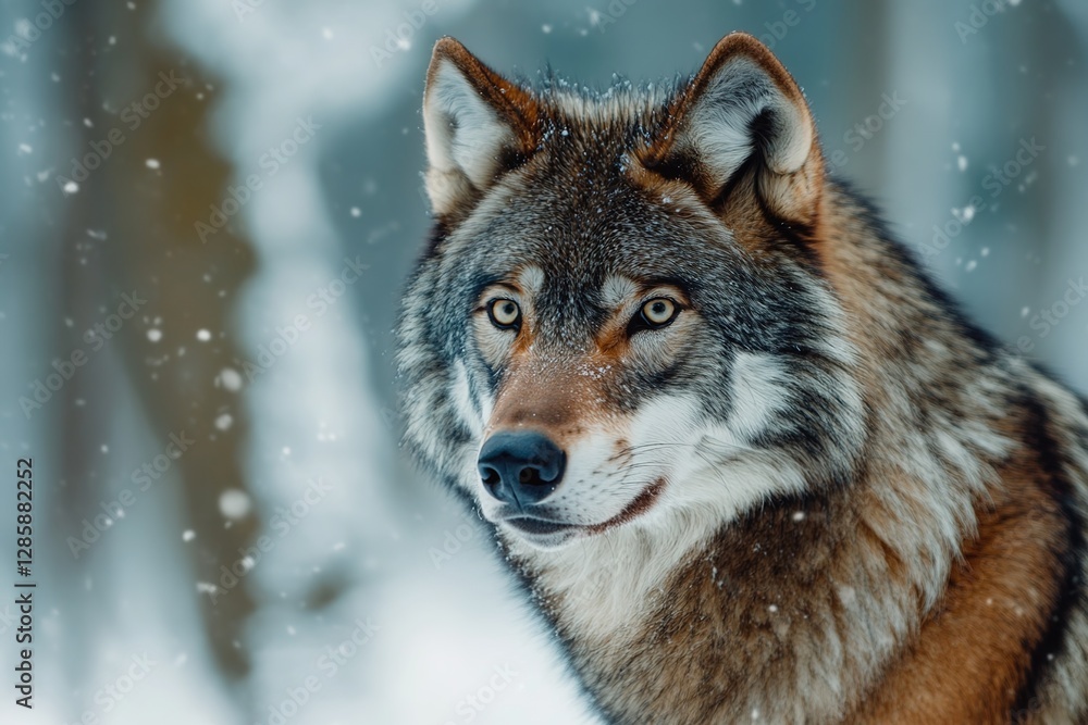 Eye to Eye: A Majestic Wolf's Intense Gaze in the Wintry Wilderness Eye to Eye: A Majestic Wolf's Intense Gaze in the Wintry Wilderness