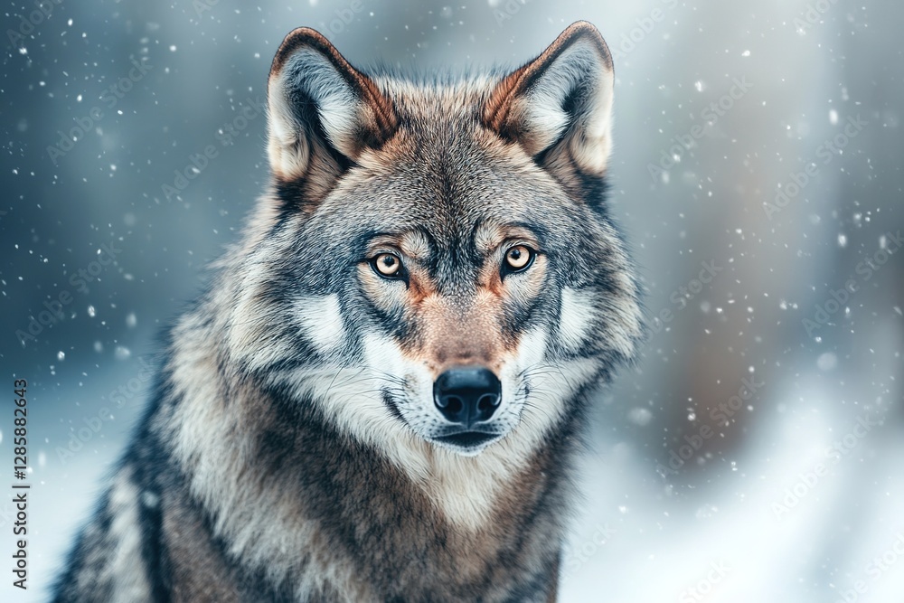 Eye to Eye: A Majestic Wolf's Intense Gaze in the Wintry Wilderness Eye to Eye: A Majestic Wolf's Intense Gaze in the Wintry Wilderness