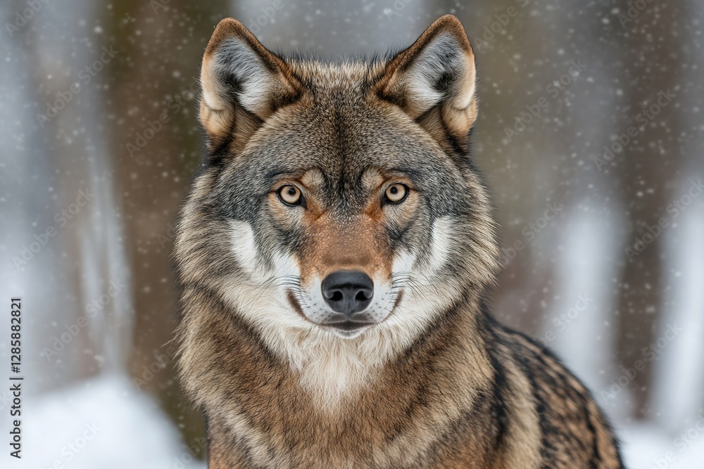 Eye to Eye: A Majestic Wolf's Intense Gaze in the Wintry Wilderness Eye to Eye: A Majestic Wolf's Intense Gaze in the Wintry Wilderness