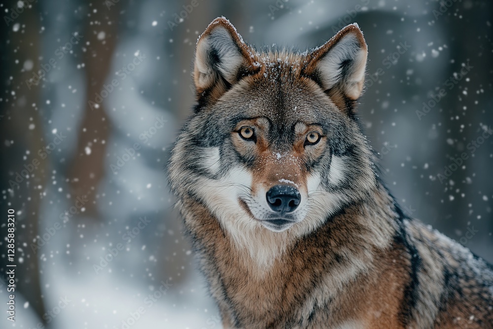 Eye to Eye: A Majestic Wolf's Intense Gaze in the Wintry Wilderness Eye to Eye: A Majestic Wolf's Intense Gaze in the Wintry Wilderness