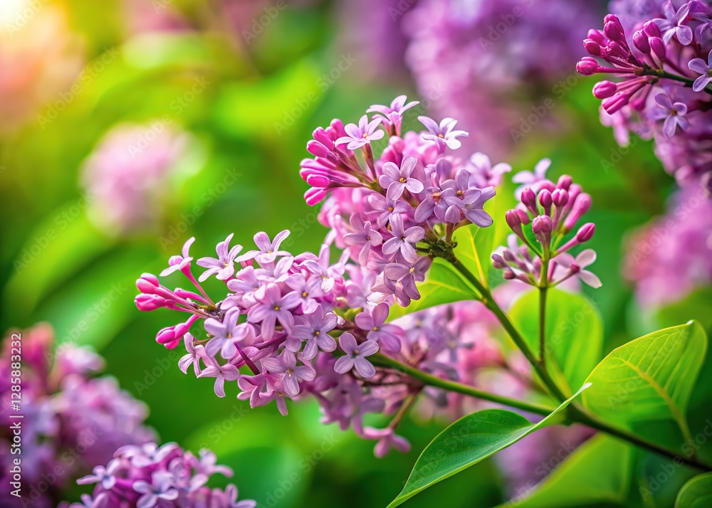 Delicate lilac flowers nestled in a green plant, a tilt-shift closeup. Delicate lilac flowers nestled in a green plant, a tilt-shift closeup.