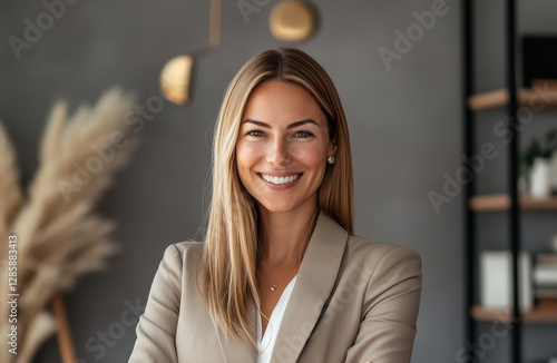 Professional woman smiling in modern office business portrait indoor environment close-up view confidence boost