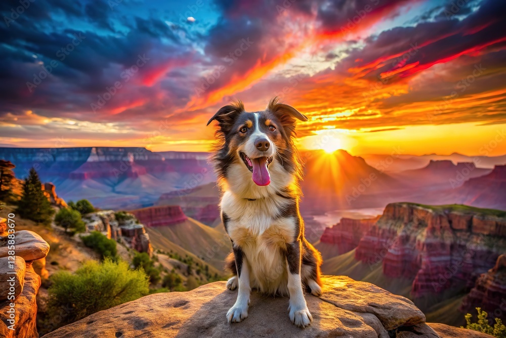Obraz premium Dog's joy at sunset, Grand Canyon's glory, blurred beauty.