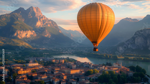 Hot Air Balloon over Mountain Town Sunrise photo