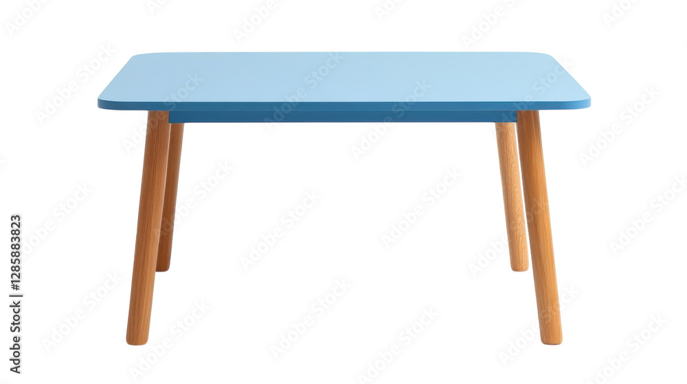 Blue wooden table with light wooden legs perfect for a modern home or office setting