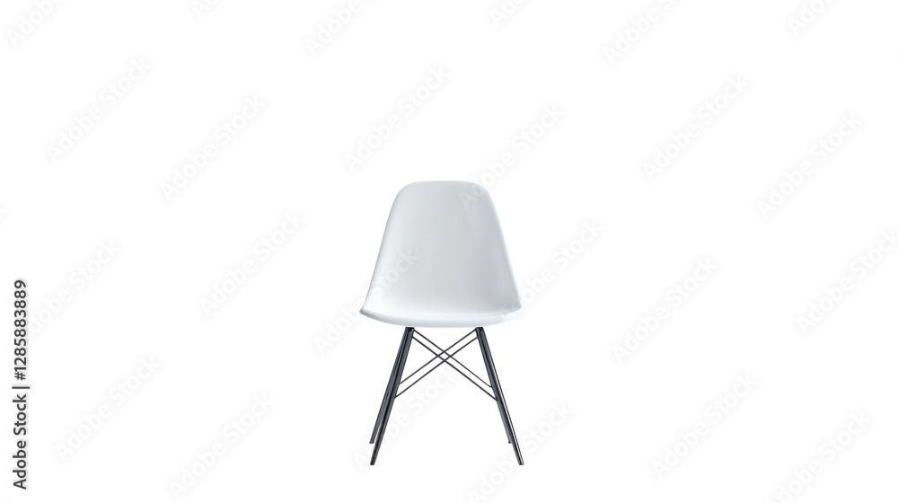 Minimalist white chair with black legs highlighting modern design in a bright studio setting Minimalist white chair with black legs highlighting modern design in a bright studio setting