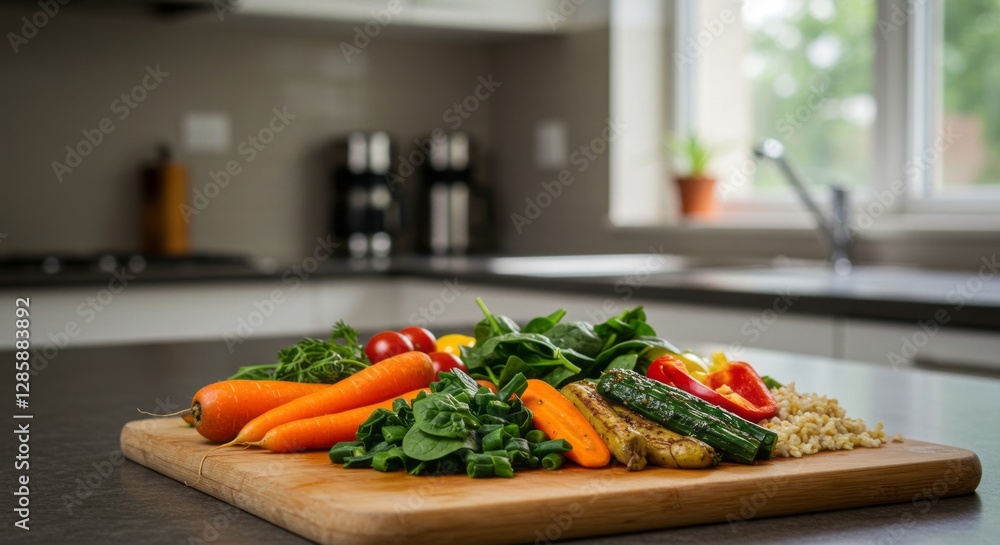 A colorful salad bowl with fresh vegetables, served in a sunlit kitchen, promoting a healthy diet. A colorful salad bowl with fresh vegetables, served in a sunlit kitchen, promoting a healthy diet.