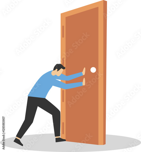 Businessman pulling door with rope, facing big problem. Struggles in market competition. Flat vector illustration

