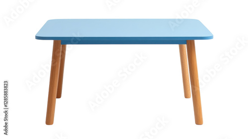 Obraz na płótnie Blue wooden table with light wooden legs perfect for a modern home or office setting w salonie